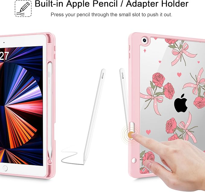 Case for iPad 9th/8th/7th Generation 10.2-Inch (2021/2020/2019 Release) with [Built-in Pencil Holder] Shockproof Cover with Clear Transparent Back Shell &amp Auto Wake/Sleep - Blue Bows
