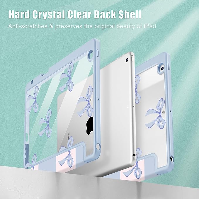 Case for iPad 9th/8th/7th Generation 10.2-Inch (2021/2020/2019 Release) with [Built-in Pencil Holder] Shockproof Cover with Clear Transparent Back Shell &amp Auto Wake/Sleep - Blue Bows