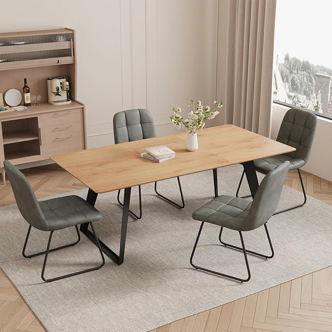 ZckyCine 7-Piece Dining Set, 63"-79" Expandable Mid-Century Modern Table with 6 Chairs, Leather Seat & Backrest, Metal Frame, Oak/Grey for Dining Room/Home