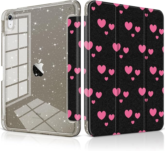 MEEgoodo Case for iPad A16 11th Generation 2025/10th Generation 2022 Glitter Tablet Cases with Transparent Acrylic Back+Trifold Stand +Pencil Holder+Auto Wake/SleepAbstract Sun &amp Palm Tree