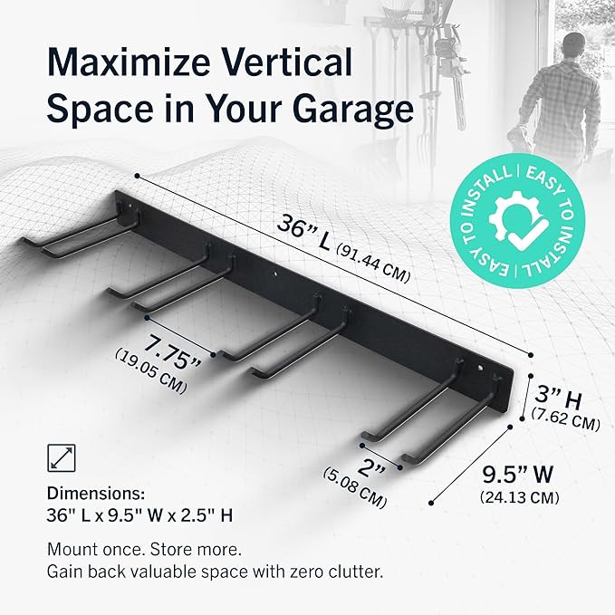 StoreYourBoard Wall-Mounted Rack With 4 Garage Hooks – Heavy-Duty Steel Holder Garage & Garden Storage for Shed, Workshop, or Home Organization – For Rakes, Shovels, Tools & More – 2 Pack, Black