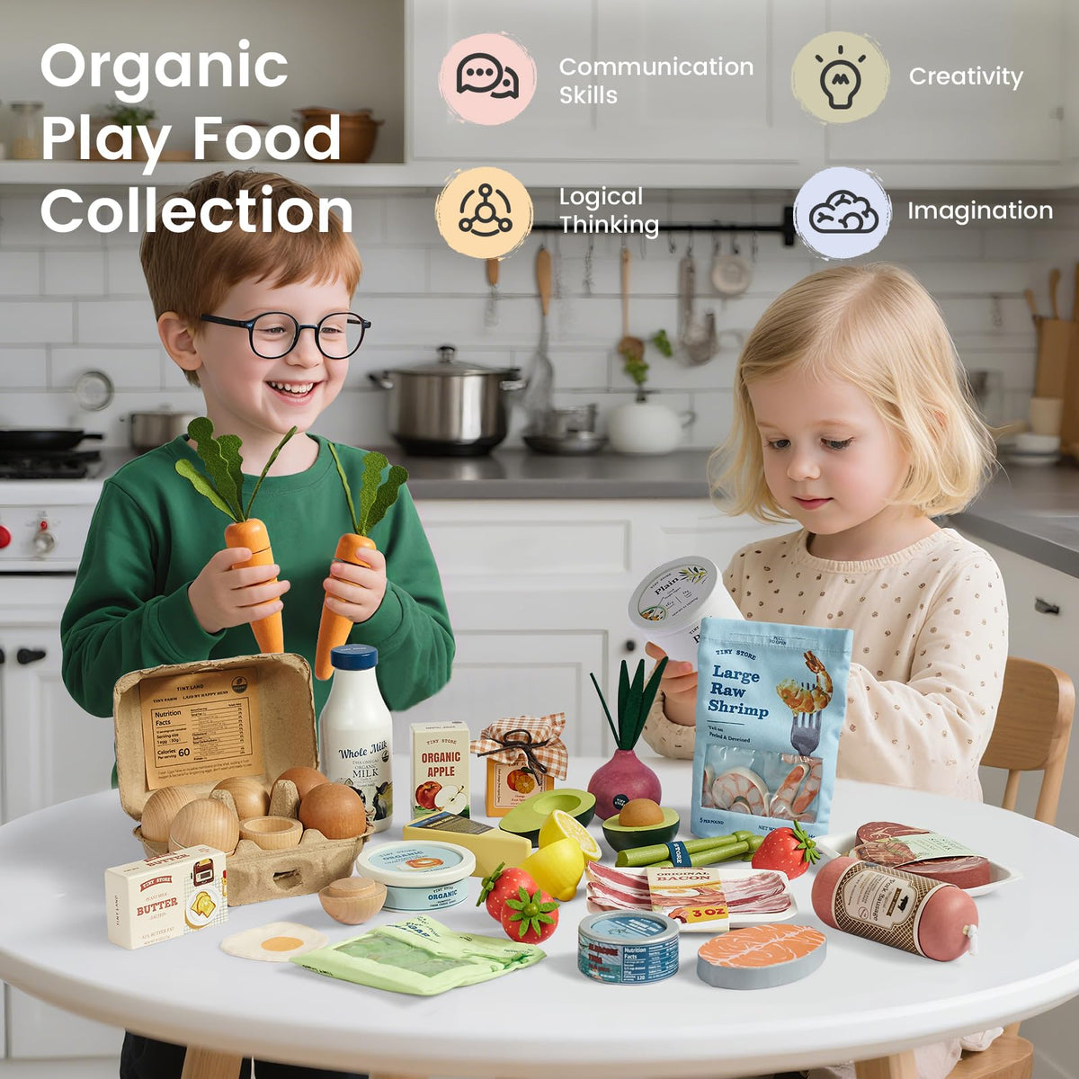 Tiny Land Wooden Play Food for Kids Kitchen, Pretend Food Fruit Set Toy