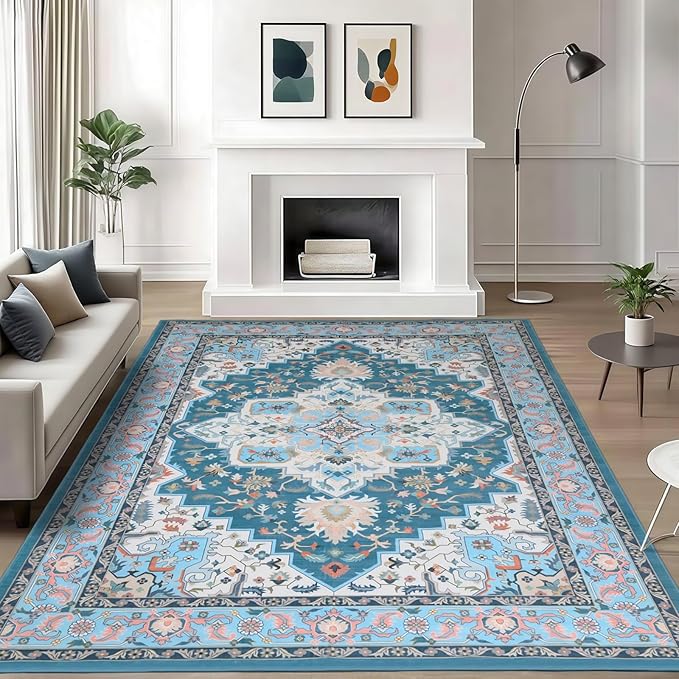 WILLSUN Washable Area Rugs, 5x7 Non-Slip Boho Large Area Rugs for Living Room, Bedroom, Machine Washable Vintage Rug, Indoor Floral Print Carpet for Home Decor, Kid & Pet Friendly Mat