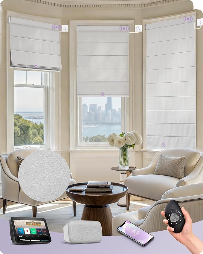 Graywind Smart Roman Shades Compatible with Alexa Google WiFi Hardwired Automatic Blind Remote Light Filtering Plain Fold Soft Roman Window Shades for Windows Doors, Custom Size (Matelasse Grey)