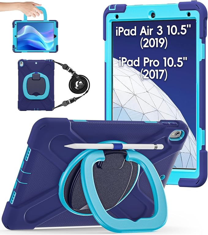 BATYUE Shockproof Case for iPad Air 3rd Gen 2019 &amp iPad Pro 10.5 2017 | with 360° Rotating Stand &amp Pencil Holder &amp Shoulder Strapfor Daily Use &amp Office/School/Outdoor - Navy Blue
