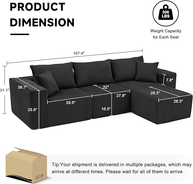 107.4" Cloud Couch Sectional, Modular Sofa with Deep Seat, Plush Corduroy L Shaped Boneless Couch, Convertible Sectional Couches for Living Room, 4Seat, Black