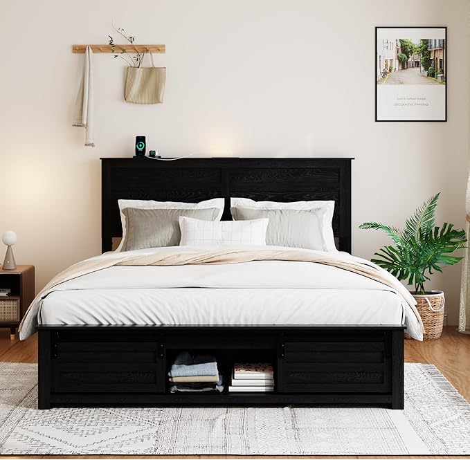 Wooden Queen Size Bed Frame with Headboard, Classic Black Farmhouse Storage Bedframe with Sliding Barn Door Footboard and Charging Station, Wood Slats, No Box Spring Needed