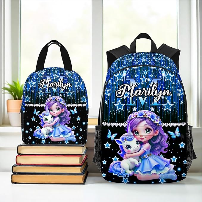 Custom Kids Backpack with Lunch Box Personalized Name Bookbag for Girls Back to School Blue Backpacks for Elementary Middle School Boys
