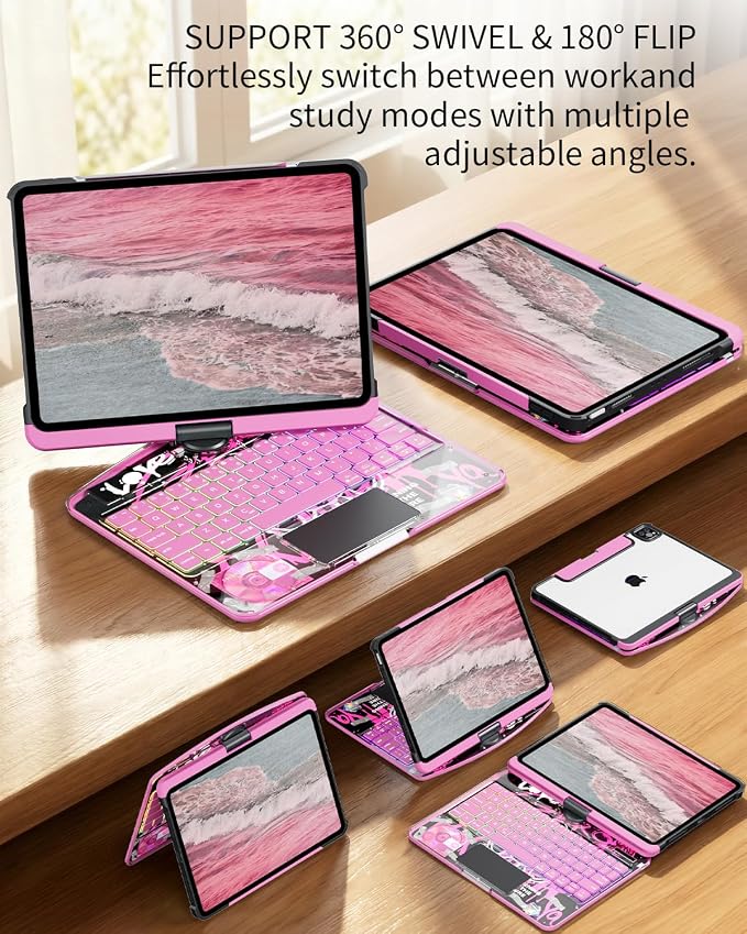 360°Rotation Bluetooth Keyboard Case for iPad 11th Gen（A16）10th 10.9 inch | iPad keyboard case 11/10th generationTouchpadKeyboard Battery Level Visualization360° rotateand 180° flip7-color backlit