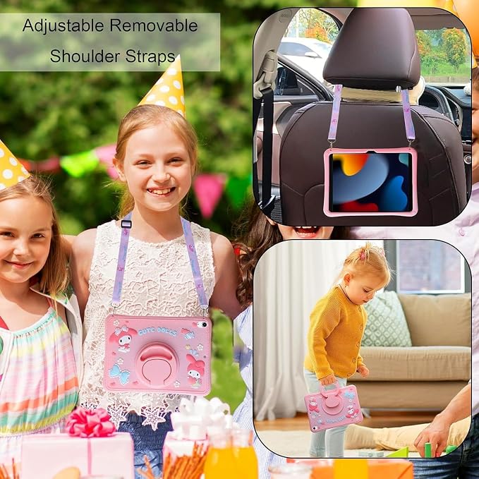Kids iPad Case for 10.2 inch 9th/8th/7th Generation Pink Shockproof Stand Case with Adjustable Shoulder Strap &amp 360 Rotating Handle for Girls