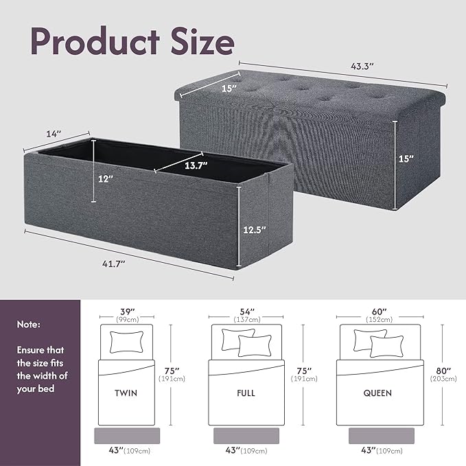 FLEXIMOUNTS 43'' Folding Storage Ottoman Bench, Ottoman Foot Rest Storage Chest for Living Room, Bedroom, Entryway, Grey
