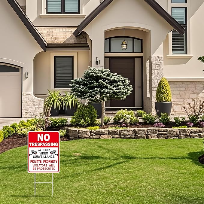 GXGGUS NO Trespassing Signs Private Property Video Surveillance Sign, Large 2-Pack 13"x10" Double-Sided Signs, H-Stake Metal Stakes, Outdoor Yard Sign for Home and Front Door Land, and Garden, Lawn