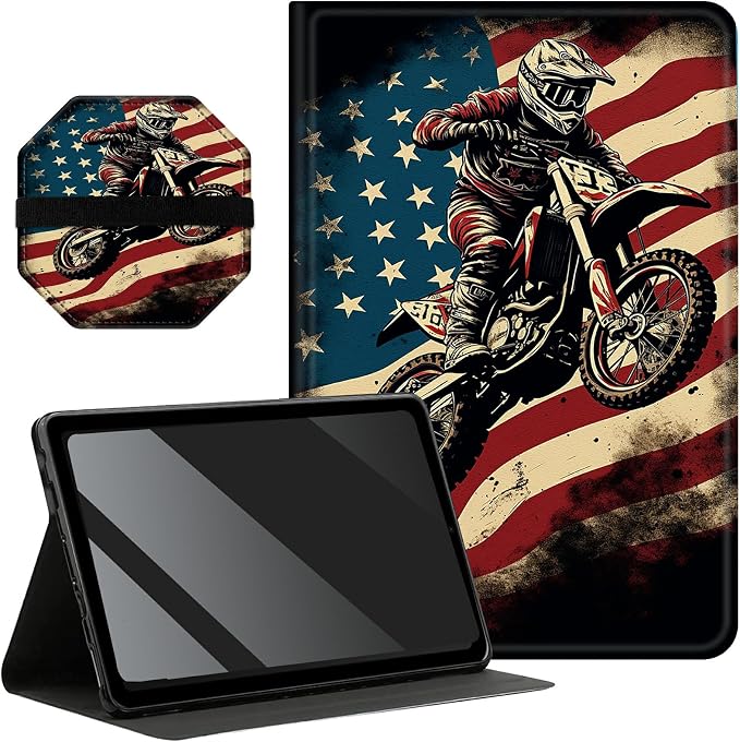 for All-New Kindle Fire HD 10 &amp 10 Plus Tablet (13th/11th Gen 2023/2021 Release) 10.1 + Screen Clean Pad Slim PU Leather Multi-Angle Kickstand Cover with Auto Wake/Sleep Horse with US Flag