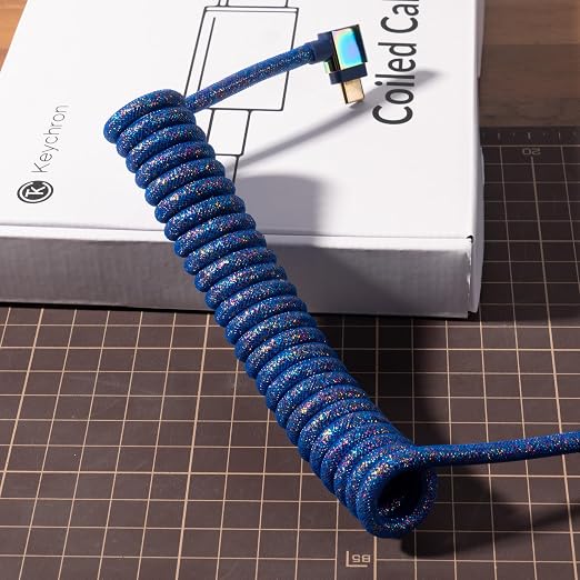 Keychron Premium Coiled USB-C Angled Purple Cable 5-Pin GX16 Detachable Metal Connector USB-A Adapter Double-Sleeved Design for Mechanical Keyboards Charging and Data Sync