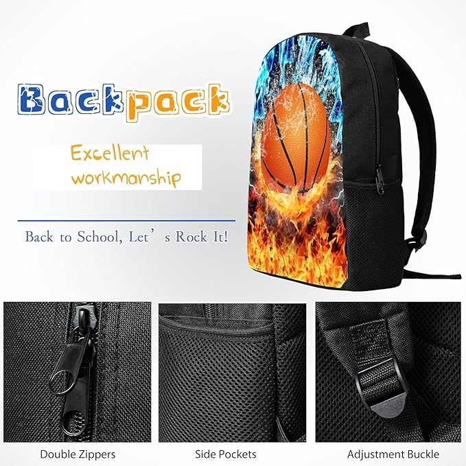 3PCS Basketball Backpack Set for Boys, Lightweight Large Backpack with Lunch Box & Pencil Case, Cool Sport Bookbag for Kids, Back to School Backpacks for Elementary & Middle School - 01
