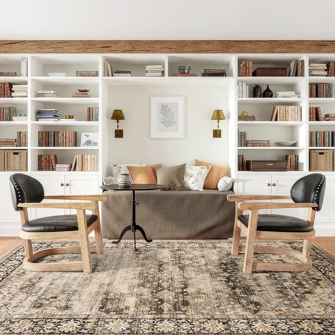 Hazel Brown 8x10 Area Rugs for Living Room Washable Non Slip Boho Rugs Soft Faux Fur Low Pile Stain Resistant Vintage Euro Floral Large Carpet Rug Aesthetic Retro for Bedroom Dining Room Family Room