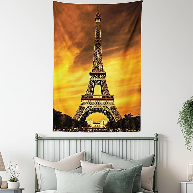 Ambesonne Eiffel Tower Tapestry, Paris Love City Monument in Dramatic Sunrise Picture of French Landmark, Fabric Wall Hanging Decor for Bedroom Living Room Dorm, 30" X 45", Yellow Brown