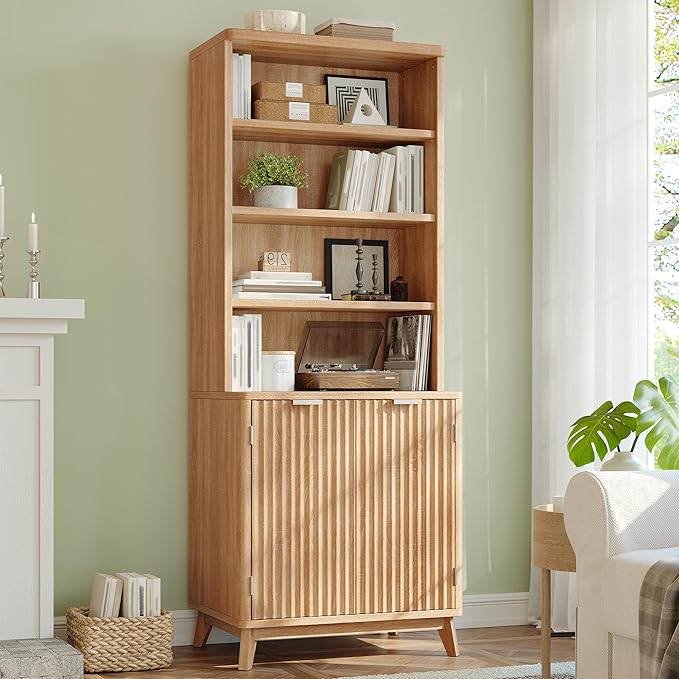 Tall Bookshelf, 6-Tier Bookcase with Fluted Doors & Adjustable Shelves, Mid-Century Cabinet, Modern Wooden Book Shelf for Home Office, Living Room, Kitchen, Light Oak