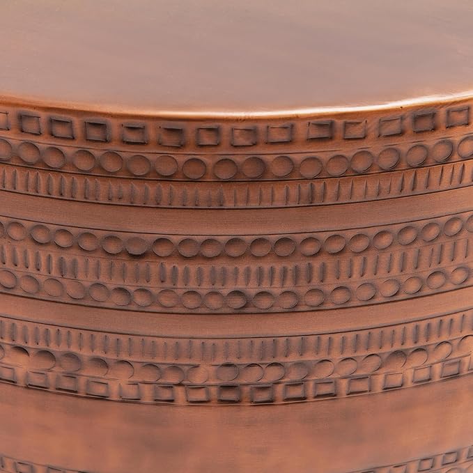 Modern Round Aluminum Hammered Embossed Texturing Metal Drum Coffee Table, Hand-Stamped Iron, Boho Accent Cylinder Drum Coffee Table, Cocktail Table, for The Living Room and Bedroom, Copper