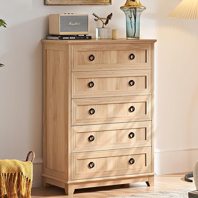 Farmhouse 5 Drawer Dresser for Bedroom, 42" Tall Small Dressers & Chest of Drawers, Rustic Wood Dresser with Metal Handle, Storage Organizer Closet for Living Room, Hallway, Entryway