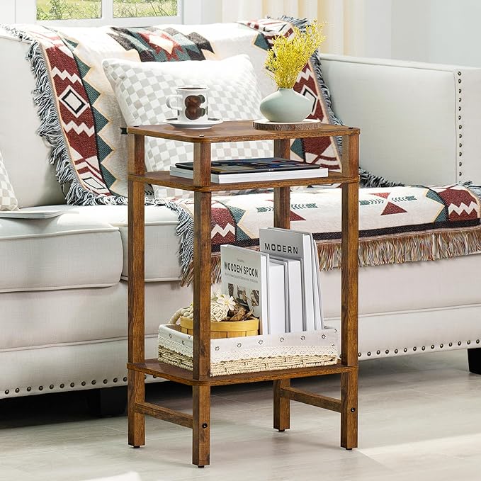28in Tall Side Table Set of 2, 3-Tier Small Narrow End Table for Couch, Skinny Nightstand for Small Space, Farmhouse Slim Night Stand with Storage, Wooden Frame Thin Bedside Table, Brown
