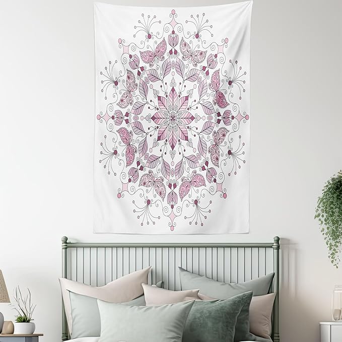 Ambesonne Mandala Tapestry, Lacy Inspired Pastel Floral Motif with Butterfly and Lotus Branches Design, Fabric Wall Hanging Decor for Bedroom Living Room Dorm, 30" X 45", White Pale Pink