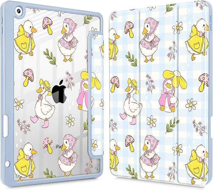 Case for iPad 9th/8th/7th Generation 10.2-Inch (2021/2020/2019 Release) with [Built-in Pencil Holder] Shockproof Cover with Clear Transparent Back Shell &amp Auto Wake/Sleep - Blue Bows