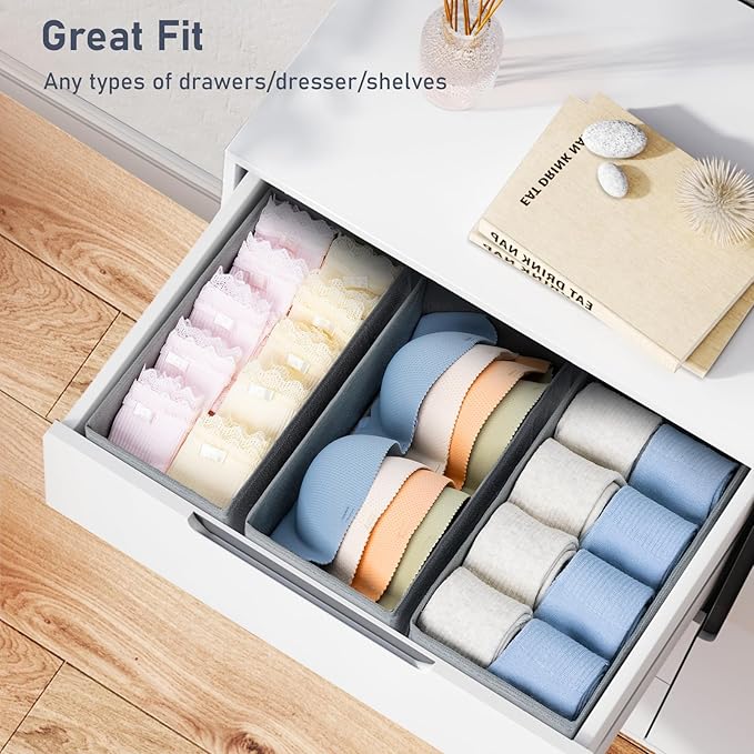 DIMJ Drawer Organizer Clothes - Underwear Organizer Small Sock Organizer Closet Organizers and Storage Box Dresser Drawer Dividers for Baby Clothes,Bra,Socks, Belt, Tie, Set of 6,Grey