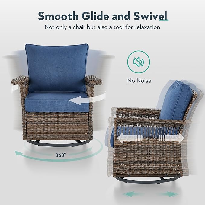 Outdoor Swivel Glider Chairs - 4 Pieces Hollow Widen Armrests Wicker Patio Furniture Set with Ottomans, High Back Outside Swivel Rocker for Balcony Porch Deck and Yard - Brown/Blue