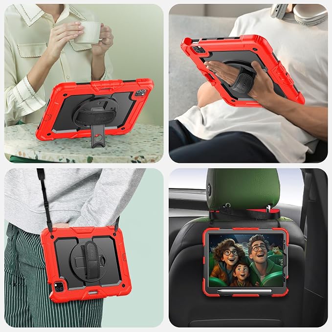 SEYMAC Case for iPad Pro 11 4th/3rd/2nd/1st Gen 2022-2018 Black | Full-Body Shockproof Protective Built-in Screen Protector 360° Rotating Stand Hand/Shoulder Strap Pencil holder