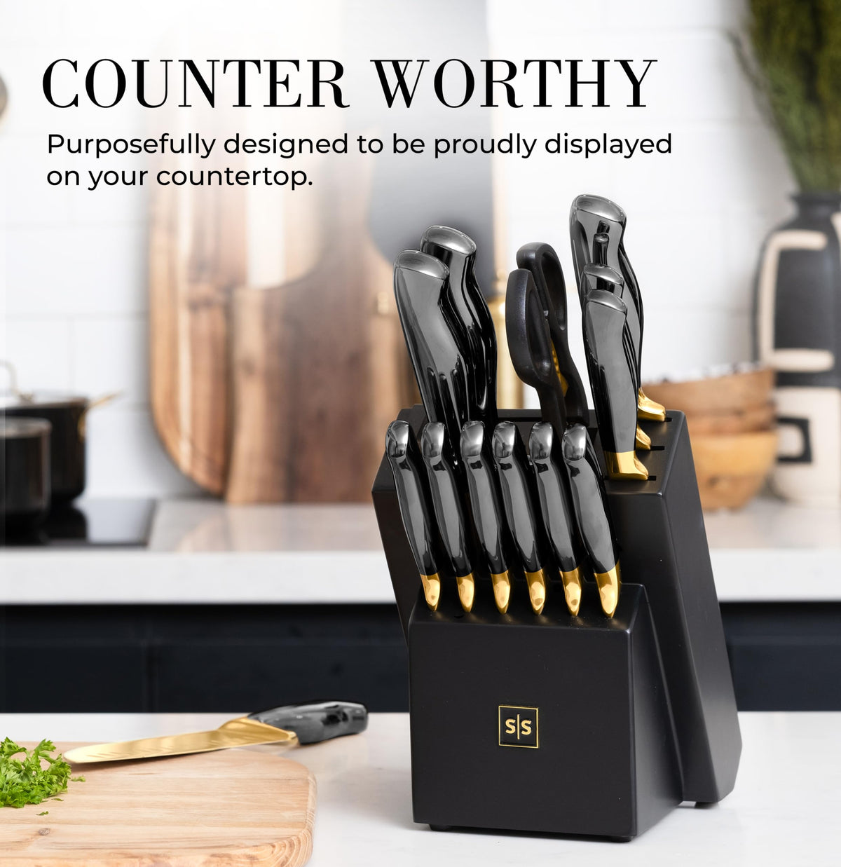 Styled Settings White and Gold Knife Set with Block and Sharpener 14-Piece