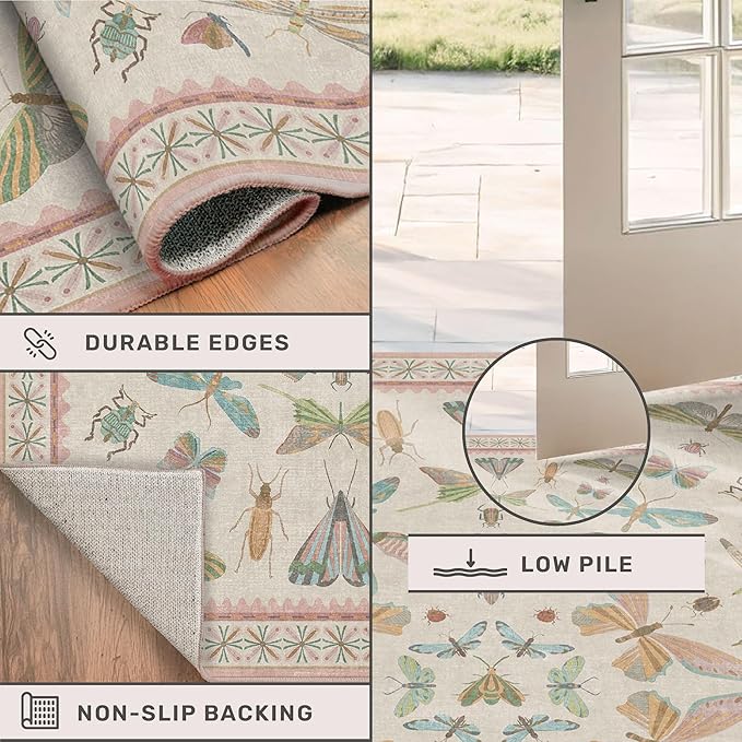 Pastel Pink Girls Rugs for Bedroom 6x8 - Washable Area Rug for Living Room, Dining Room Under Table, Boho Butterfly Cut Design, Low Pile & Soft Stain Resistant Carpet