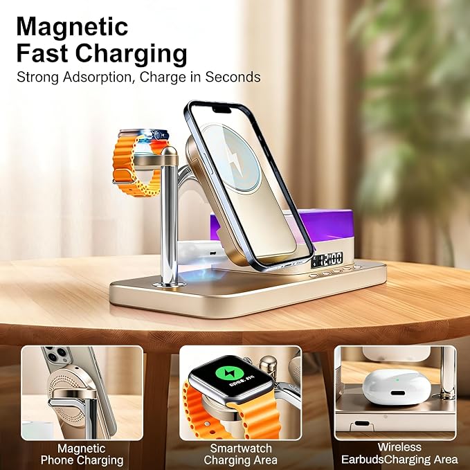 8-in-1 Desktop Charging Station with Bluetooth Speaker RGB Ambient Light Digital Clock Phone Stand Wireless Charger for Phone Watch and Earbuds Black/White (Black)
