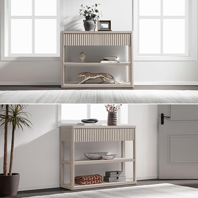 SICOTAS Fluted Entryway Table with Storage, 44.13" W Console Table with 2 Drawers & 2 Tier Storage Shelves, Modern Sofa Table Behind The Couch for Living Room, Entrance, Hallway, Foyer, White Alder