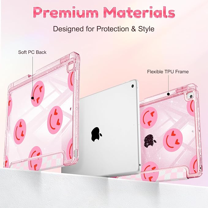 Case for iPad 9th/ 8th/ 7th Generation 10.2-Inch Case(2021/2020/2019 Release) Glitter Tablet Cases with Transparent Acrylic Back+Trifold Stand+Pencil Holder+Auto Wake/Sleep Bows-Stripe