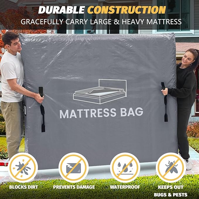 Mattress Bags for Moving and Storage, BETU Twin Mattress Protector Waterproof Mattress Cover with 8 Heavy Duty Handles and Zipper Extra Thick Moving Supplies for Dorm Bed Reusable (77x42x13.5 Grey)