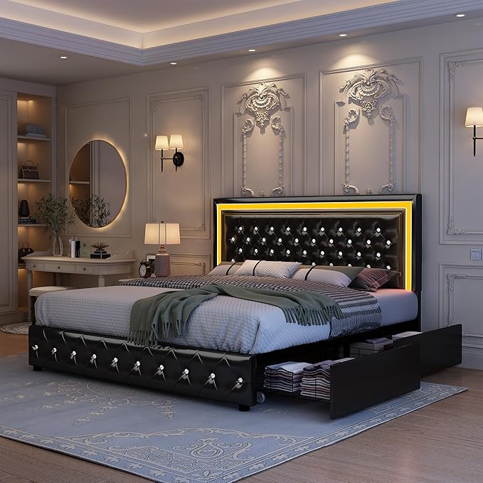 King Led Bed Frame with 4 Storage Drawers, Bed Frame with Led Lights No Box Spring Needed, 900 lbs Capacity, Easy Assembly, PU Black