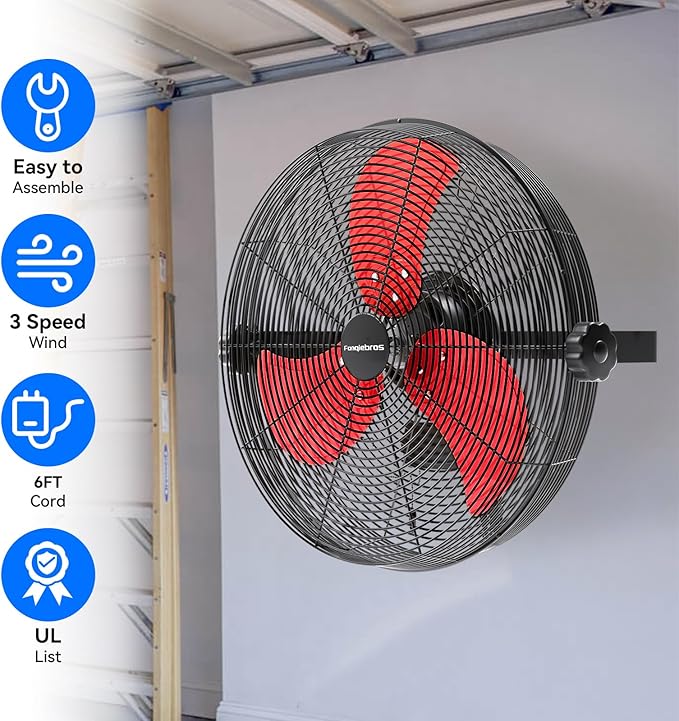 Fanqiebros 4580 CFM 18 inch High Velocity Wall Mounted Fan, 3-Speed Metal Fan with Sealed Motor, 360 Degree Tliting Heavy Duty Wall Fan for Patio, Barn, Garage, and Gazebo - UL listed