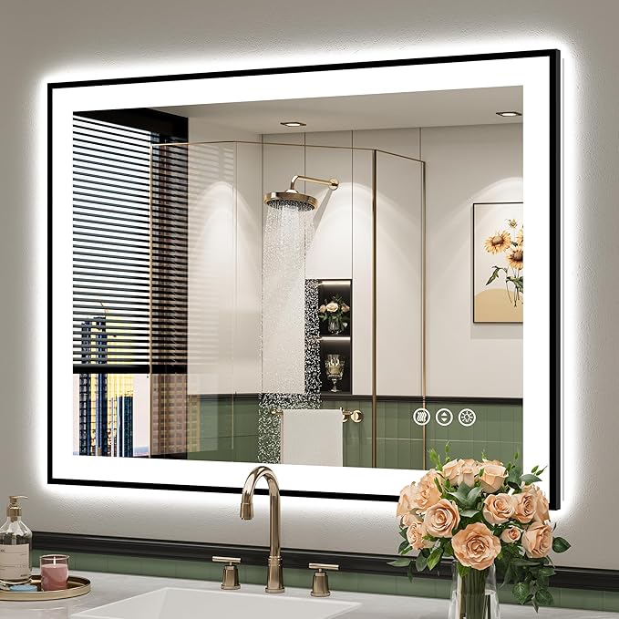 YEELAIT 40x30 Inch LED Bathroom Mirror with Lights (Front Lit and Backlit) Black Framed Lighted Vanity Mirror for Bathroom Wall Dimmable Anti-Fog Memory Tempered Glass Horizontal/Vertical