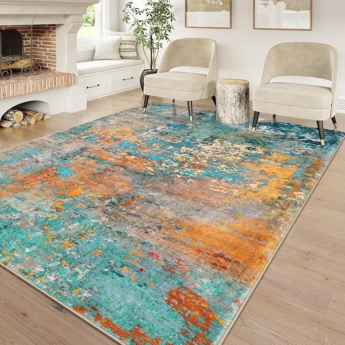 Lahome Modern Abstract Area Rugs 9x12 Living Room Rug, Washable Rugs for Living Room Bedroom Low Pile Non Slip, Colorful Large Soft Indoor Carpet for Dining Room Table Apartment Classroom