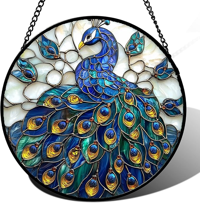 Stained Glass Window Hanging - Peacock Blue Gold Feathers Sun Catcher for Door Garden Home Decor Bird Suncatcher Christmas Mother's Day Birthday Gifts for Women Men Mom Nana 6.3 in
