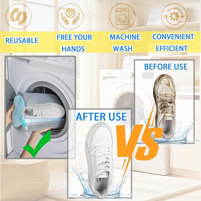 Shoe Washing Machine Bag Laundry Shoe Bag for Washer and Dryer Reusable 2pc Shoe Cleaning Bags for Sneakers 360° Deep Cleaning Machine for All Shoes Types With Self-locking Zipper