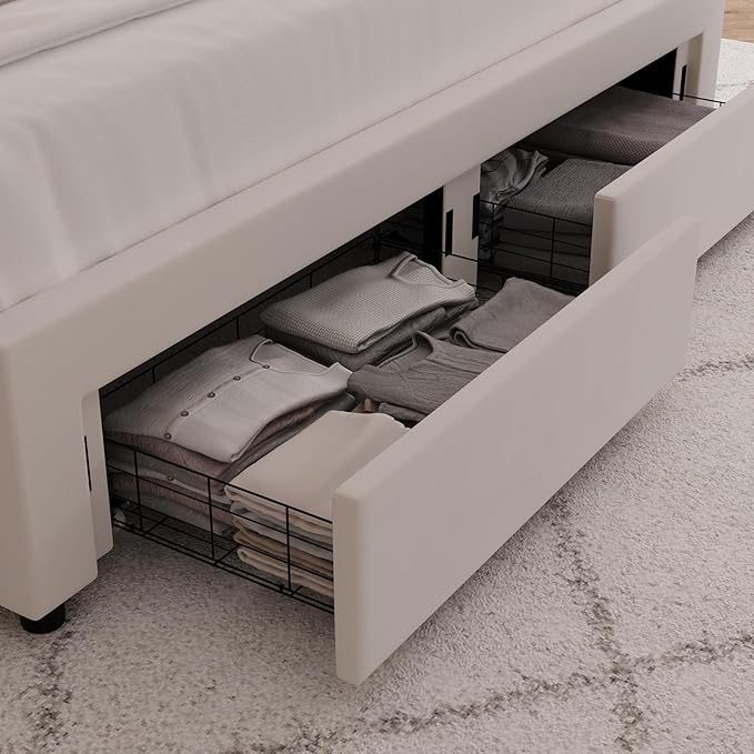 HITHOS King Upholstered LED Bed Frame with 2 Storage Drawers, Velvet Platform Bed with Wingback Headboard, Solid Wooden Slats Support, No Box Spring Needed, Headboard Splicing Design, Beige