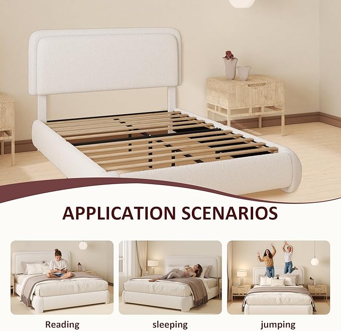 Queen Boucle Platform Bed Frame with Height Adjustable Headboard, Modern Upholstered Cloud Bed, Sleek Curved Design, No Box Spring Needed, Easy Assembly, Noise Free, White