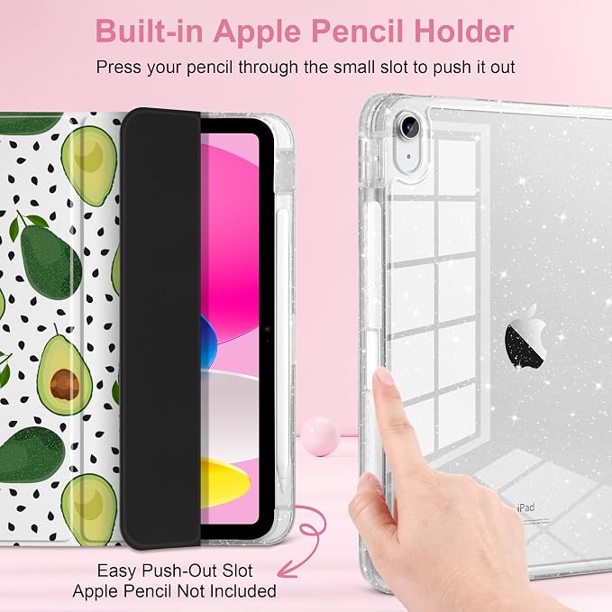 MEEgoodo Case for iPad A16 11th Generation 2025/10th Generation 2022 Glitter Tablet Cases with Transparent Acrylic Back+Trifold Stand +Pencil Holder+Auto Wake/SleepAbstract Sun &amp Palm Tree