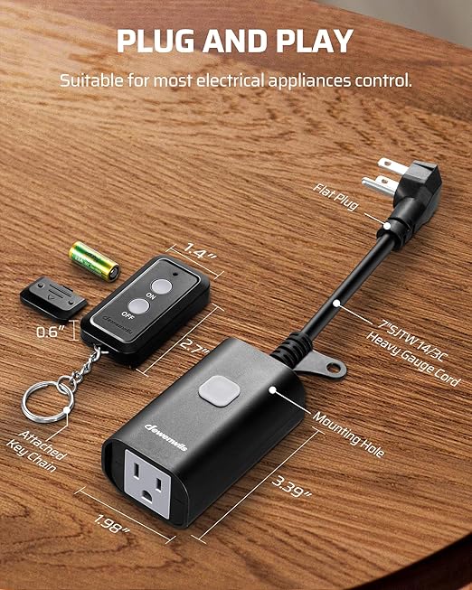 DEWENWILS Outdoor Remote Control Outlet, 15A Wireless Remote Control Switch, 100FT Control Range & 14AWG SJTW Power Cord, Weatherproof for Christmas Decor Outdoor Appliances