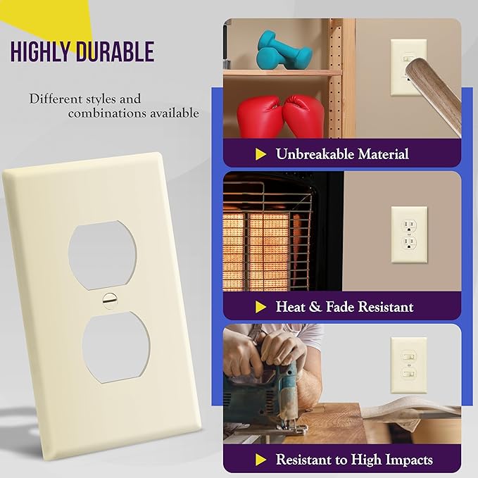 ENERLITES Duplex Receptacle Outlet Wall Plate, Midway Size 1-Gang 4.88" x 3.11", Unbreakable Polycarbonate Thermoplastic, 8821M-LA, Light Almond