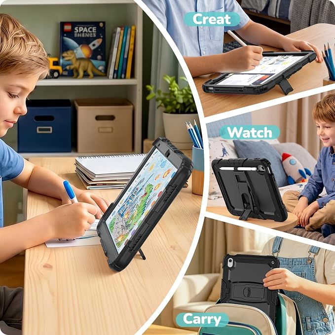 HXCASEAC Case for iPad 9th/8th/7th Generation Case Kids Boys Drop Proof | Built-in Screen Protector Pencil HolderStand Protective Silicone Shockproof Hard Rugged Black