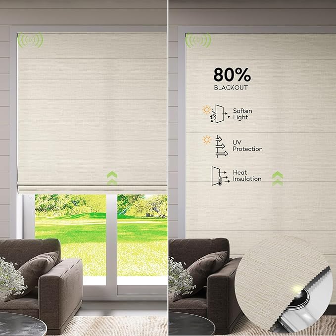 ZSTARR Smart Roman Shades Rechargeable Motorized Blinds with Remote Light Filtering Roman Window Shades Plain Fold Soft for Doors Bedroom, Custom Size (Light Beige)