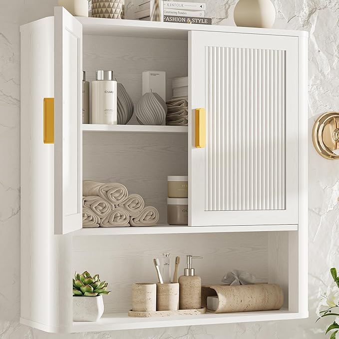 Bathroom Wall Cabinet, Wall-Mounted Medicine Cabinet with Adjustable Wood Shelf & Doors, Floating Bathroom Cabinet Over Toilet for Laundry Room & Kitchen & Living Room (White)
